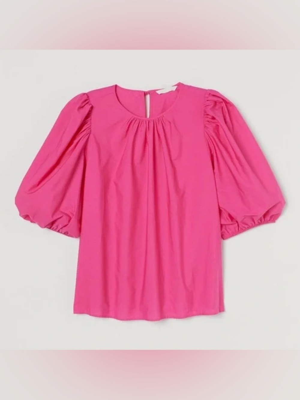 H&M blouse bows puff short sleeve cotton poplin tie back hot pink top flowy
